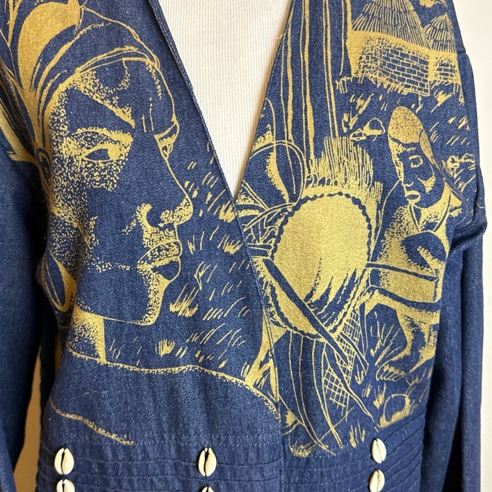 Molato African Denim Coat Jacket Duster Small Vintage 90s Gold Print